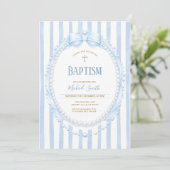 Invitation Baptême ovale Bow & Pearl pour garçon (Debout devant)