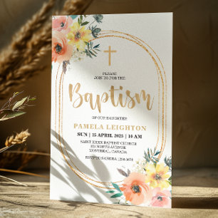 Invitation Baptême ovale Orange Floral