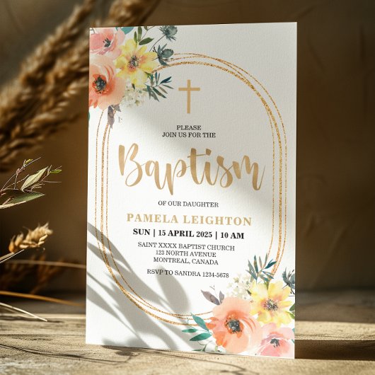 Invitation Baptême ovale Orange Floral