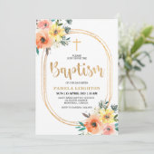 Invitation Baptême ovale Orange Floral (Debout devant)