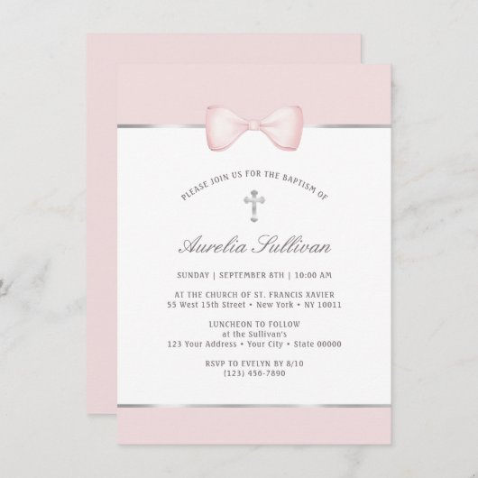 Invitation Baptême Pale Rose Bow (Devant / Derrière)