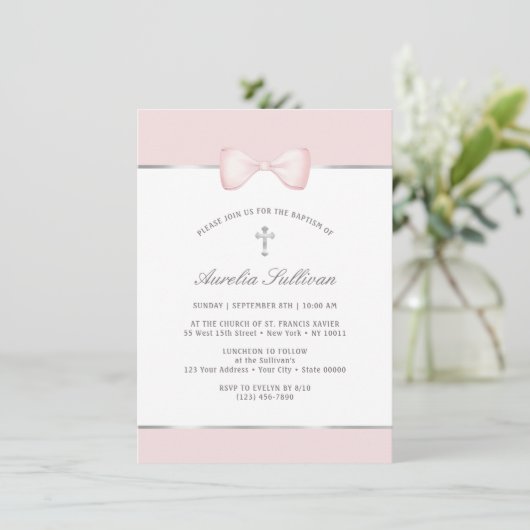 Invitation Baptême Pale Rose Bow (Debout devant)