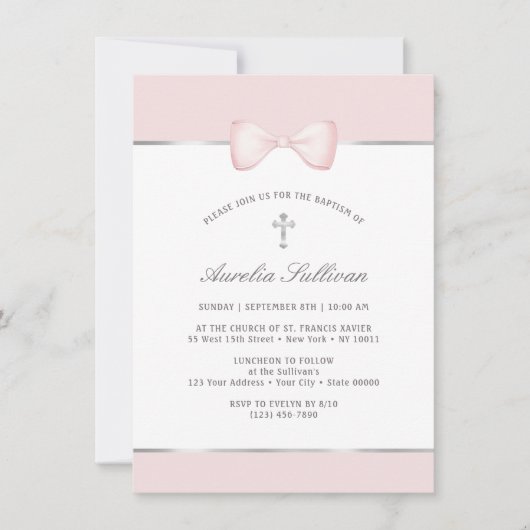 Invitation Baptême Pale Rose Bow (Devant)