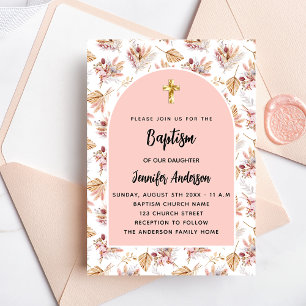 Invitation Baptême pampas fleurs rose or rose fille