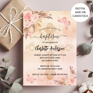 Invitation Baptême pampas herbe blush papillon fille florale