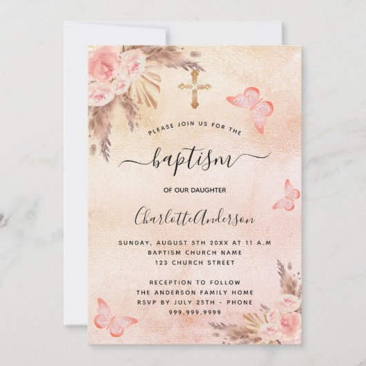Invitation Baptême pampas herbe fleurs papillon rousse (Devant)