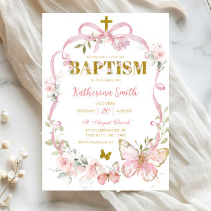 Invitation Baptême Papillon Coquette Ruban Floral Rose