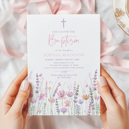 Invitation Baptême Papillon Fleur de Sauvage Pastel Douce