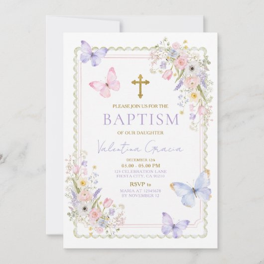 Invitation Baptême Papillon Floral Croix Dorée Fleurs (Devant)