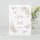 Invitation Baptême Papillon Floral Croix Dorée Fleurs (Debout devant)
