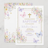 Invitation Baptême Papillon Floral Croix Dorée Fleurs (Devant / Derrière)