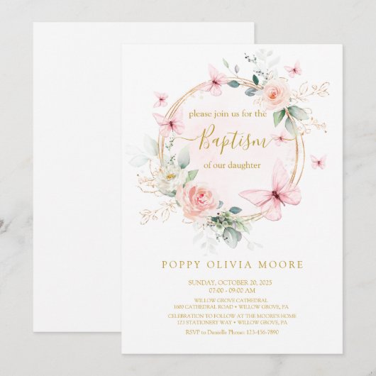 Invitation Baptême papillon rose (Devant / Derrière)