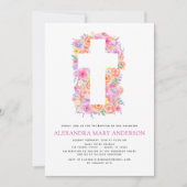 Invitation Baptême Pastel Floral Rose Croix (Devant)