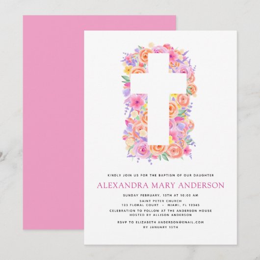 Invitation Baptême Pastel Floral Rose Croix (Devant / Derrière)