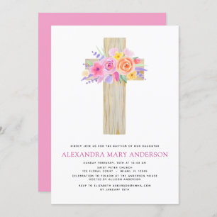 Invitation Baptême Pastel Floral Rose Croix