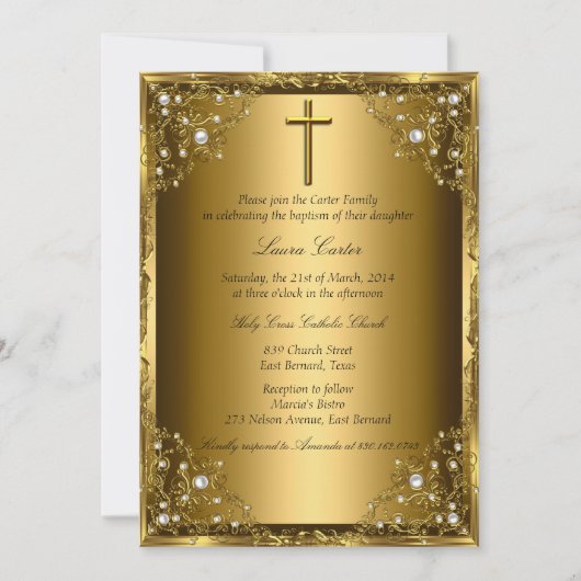 Invitation Baptême Perle Damassé & Croix Or (Devant)