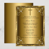 Invitation Baptême Perle Damassé & Croix Or (Devant / Derrière)