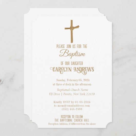 Invitation Baptême personnalisé Gold Palm Cross (Devant / Derrière)
