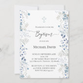 Invitation Baptême petites fleurs aquarelle bleue (Devant)