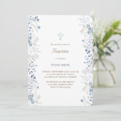 Invitation Baptême petites fleurs d'aquarelle bleue (Debout devant)