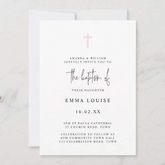 Invitation Baptême photo à l'aquarelle rose élégant minimalis (Devant)