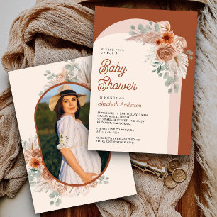 Invitation Baptême Photo Baby Shower Fleurs Terracotta Bohème