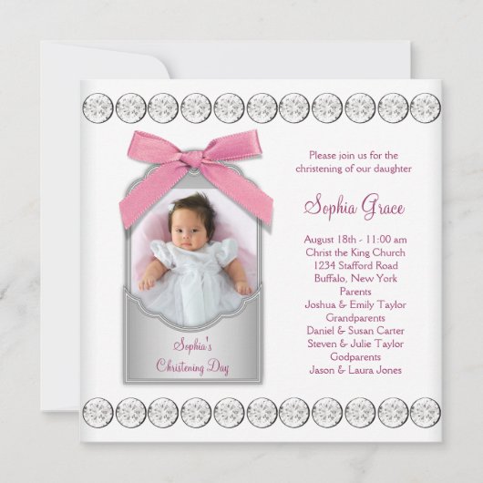 Invitation Baptême photo bébé fille blanc rose (Devant)