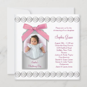 Invitation Baptême photo bébé fille blanc rose