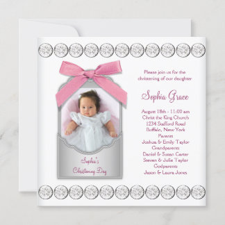 Invitation Baptême photo bébé fille blanc rose