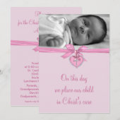 Invitation Baptême Photo Bébé Fille Croix Ruban Rose (Devant / Derrière)