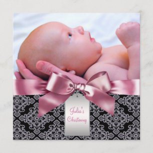 Invitation Baptême Photo Bébé Fille Damassé Rose