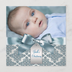 Invitation Baptême photo bébé garçon damas bleu sarcelle