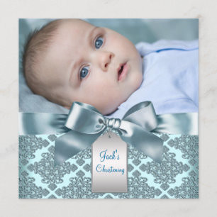 Invitation Baptême photo bébé garçon damas bleu sarcelle
