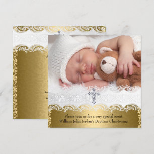 Invitation Baptême Photo Croix en Dentelle Or Bébé Fille Garç