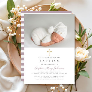 Invitation Baptême Photo Croix Religieuse Rayures Violettes