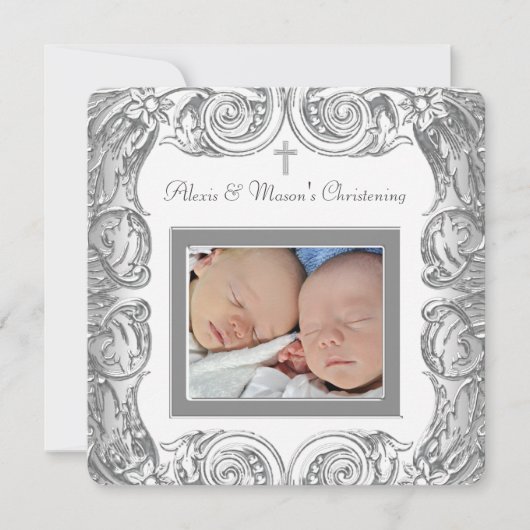Invitation Baptême photo élégant blanc (Devant)