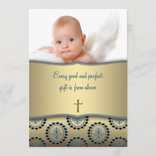 Invitation Baptême Photo Élégant Bleu et Or pour Bébé Garçon