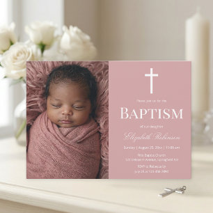 Invitation Baptême Photo Élégant Rose Poussiéreux pour Fille
