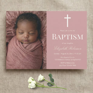 Invitation Baptême Photo Élégant Rose Poussiéreux pour Fille