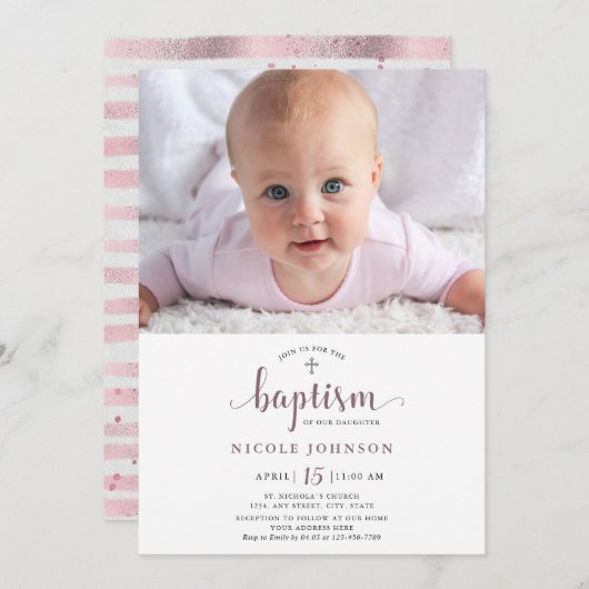 Invitation Baptême Photo Élégante Parties scintillant fille I (Devant / Derrière)