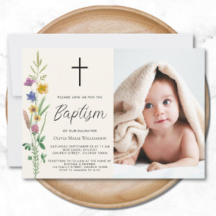 Invitation Baptême photo Fleur sauvage floral