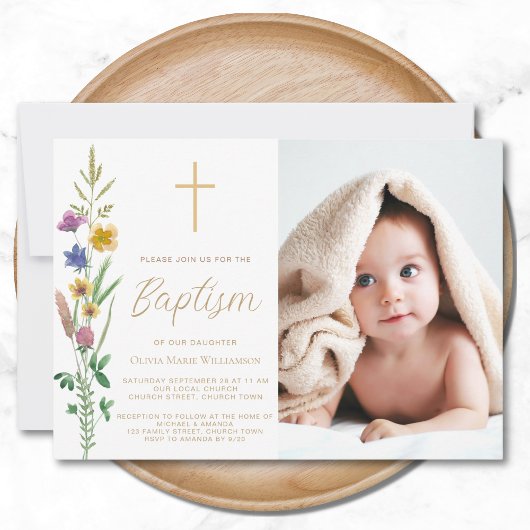Invitation Baptême photo Fleur sauvage floral