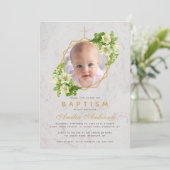 Invitation Baptême Photo Florale Géométrique Lys blancs Marbr (Debout devant)