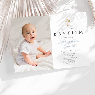 Invitation Baptême Photo Garçon Croix Script Bleu Bébé