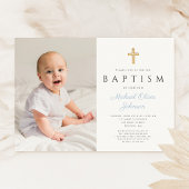 Invitation Baptême Photo Garçon Croix Script Bleu Bébé
