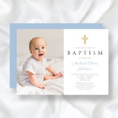 Invitation Baptême photo garçon croix script bleu bébé modern