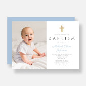 Invitation Baptême photo garçon croix script bleu bébé modern