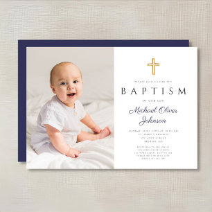 Invitation Baptême Photo Garçon Croix Script Bleu Marine