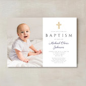 Invitation Baptême Photo Garçon Croix Script Bleu Marine