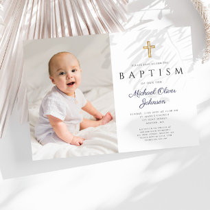 Invitation Baptême Photo Garçon Croix Script Bleu Marine